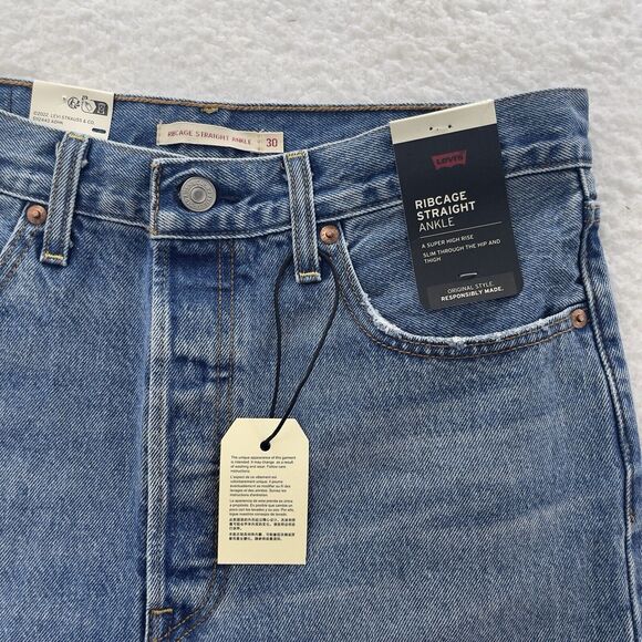 Levis Jeans Women 30 Blue Ribcage Straight Ankle Destroy Grunge Premium Denim - Picture 4 of 16